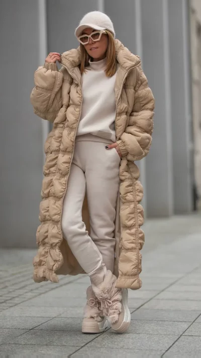 BASTET Długi płaszcz pikowany "goferek" beż