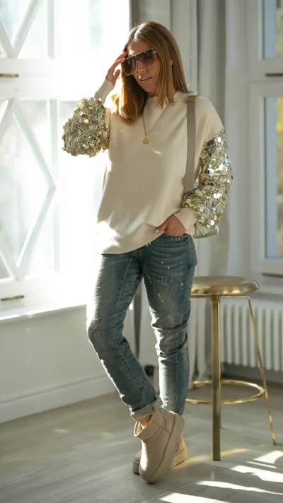 BASTET Sweter z cekinowymi rękawami (beż)