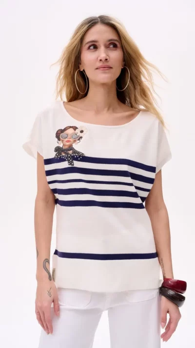 Blue Shadow Bluzka damska dzianinowa (Ecru / Granat)