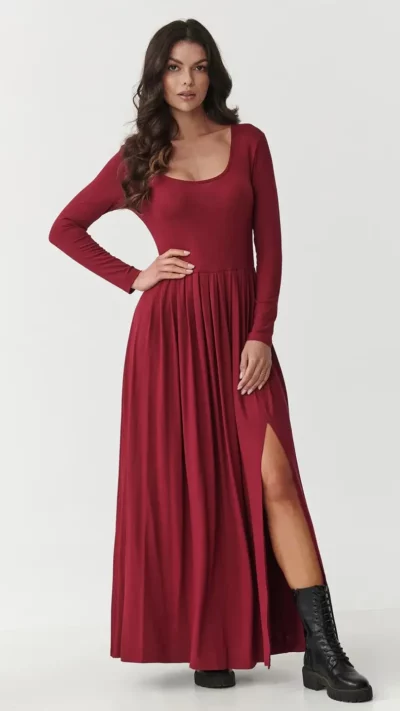 MAKADAMIA Długa sukienka z wiskozy M896 (bordo)