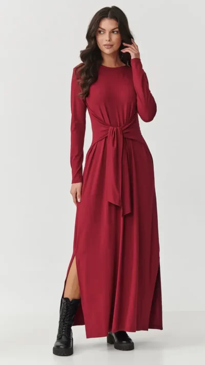 MAKADAMIA Sukienka z wiskozy z wiązaniem M894 (bordo)