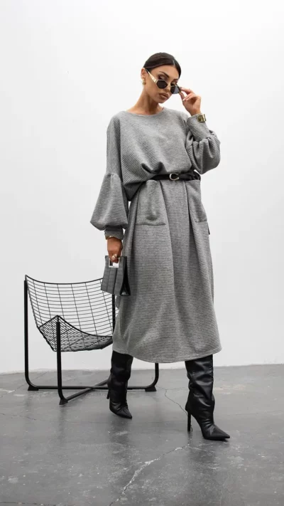 MISS CITY OFFICIAL Sukienka Outline Ribbed (szary)